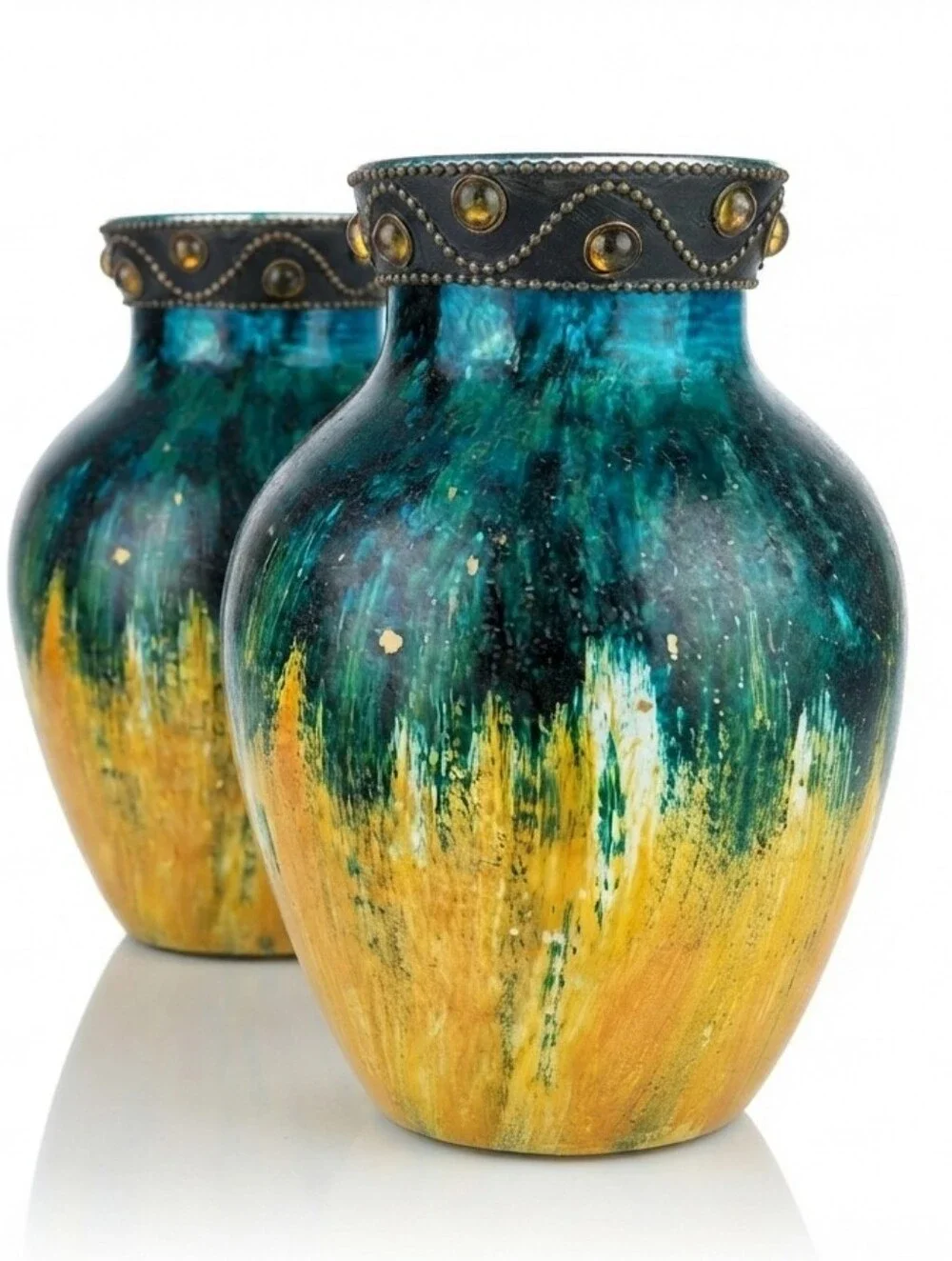 Boho Chic Art Glass Vases Teal & Gold Brushstroke, Amber Cabochon Trim, Set Of2